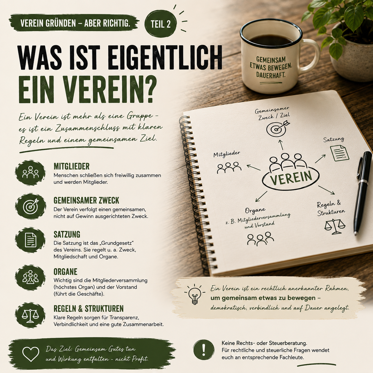 Übersicht: Was ist eigentlich ein Verein? Mitglieder, gemeinsamer Zweck, Satzung, Organe sowie Regeln und Strukturen