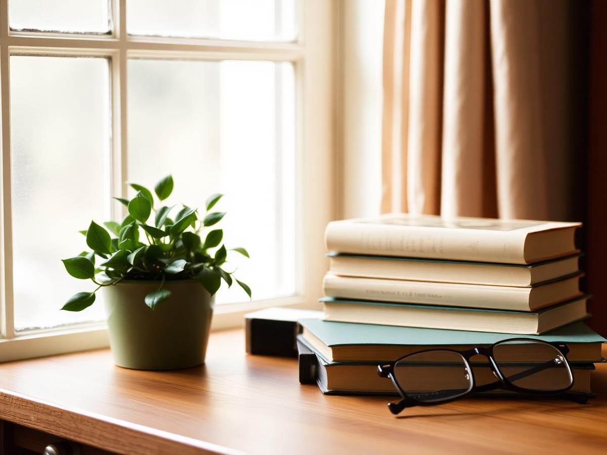 Bücherstapel auf einem Holztisch im warmen Fensterlicht